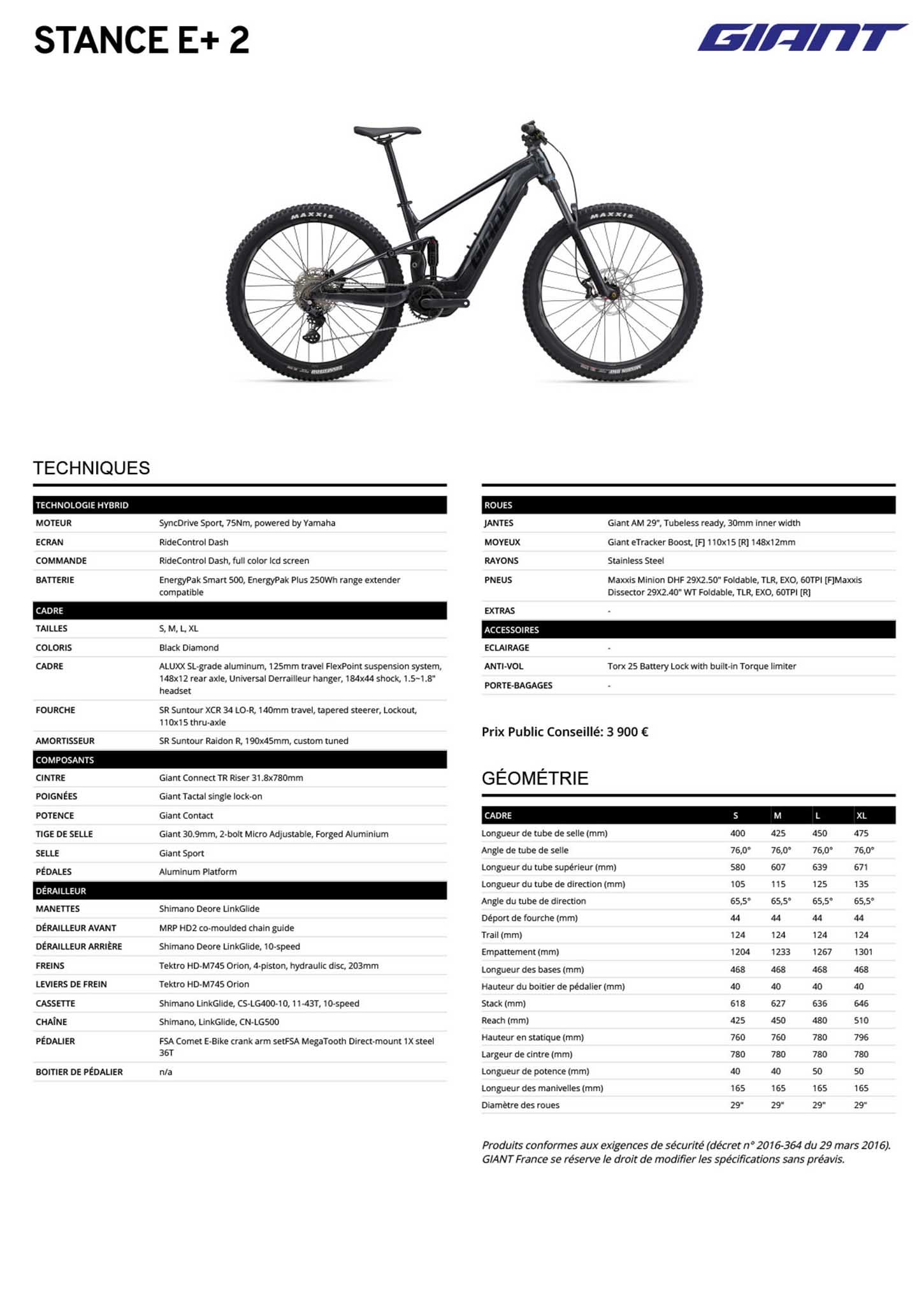 Fiche technique du velo électrique Stance E+ 2 année 2023